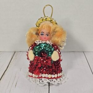 1960s Vintage Sequin Angel Doll Christmas Ornament Blonde Hair Wreath Dress